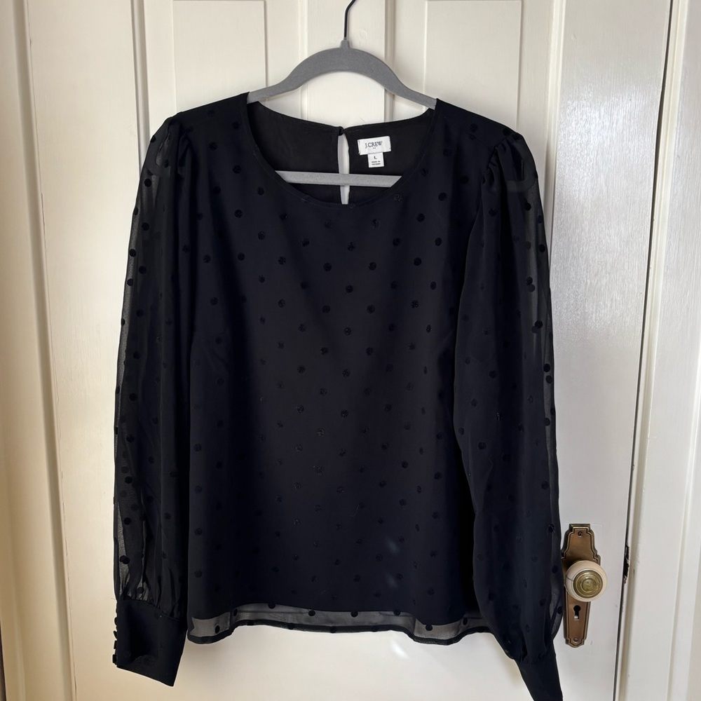 J. Crew Factory blouse w/point d’esprit sheer overlay. Size Large.